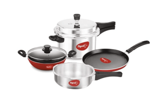Pigeon by Stovekraft Induction Base 4-in-1 Starter Kit, Silver, Aluminium (Pressure Cooker, Pressure Pan, Tawa, and Kadhai Set)